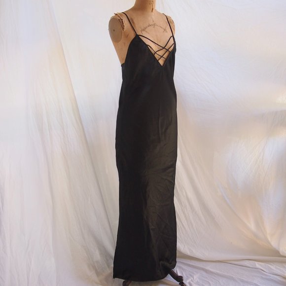 vtg 90s FREDERICKS of HOLLYWOOD Black Long Slinky Sexy Nightgown Dress USA S EUC - Picture 2 of 8